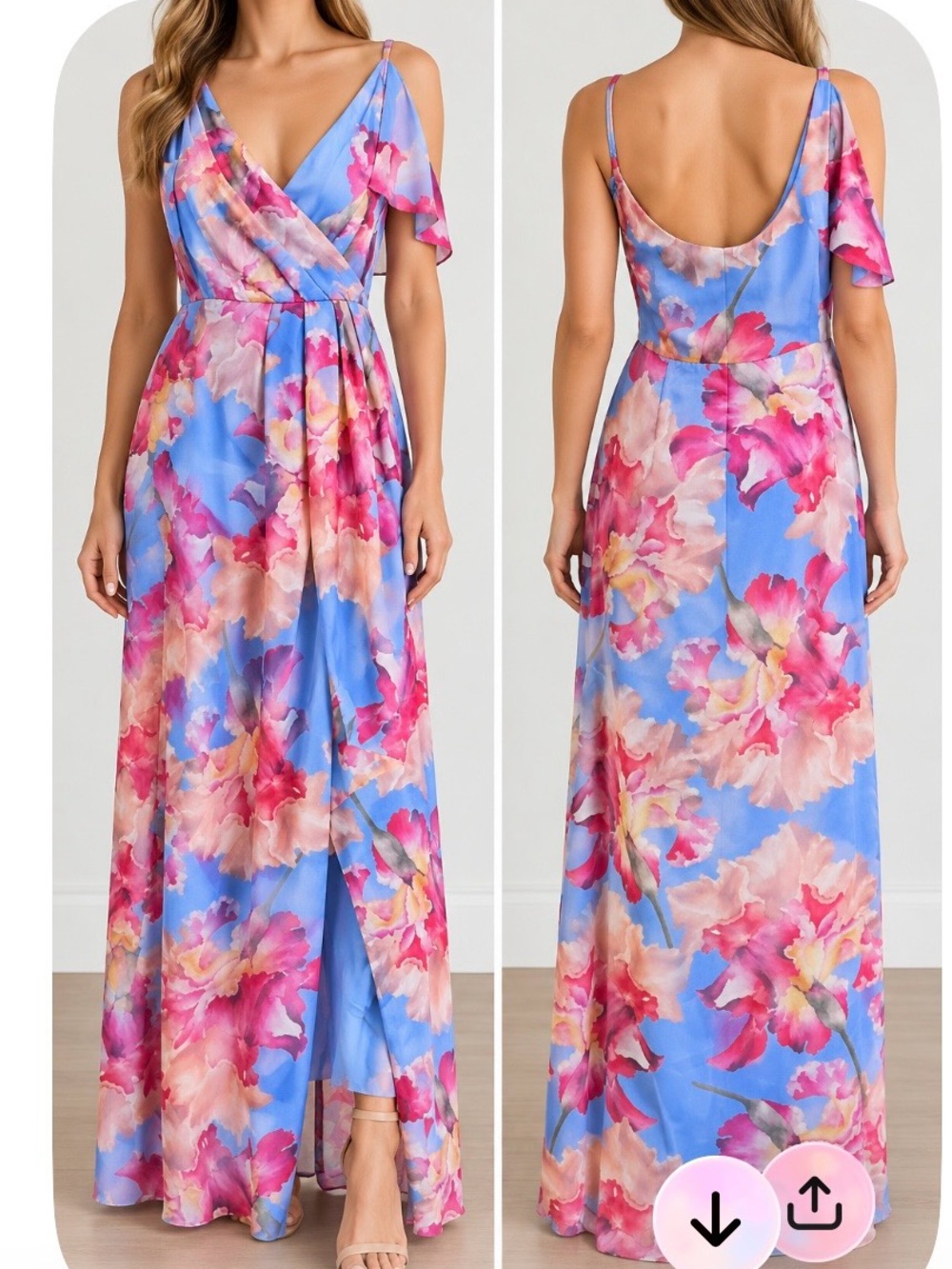 Aqua Blue Maxi Dress with Pink Floral Print